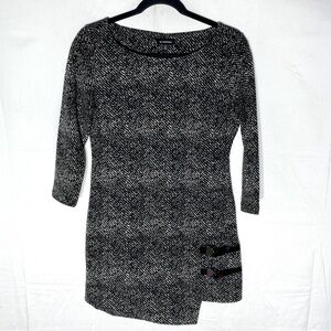 Le Chateau Black White Asymmetrical 3/4 Sleeve Boat Neck Mini Dress Tunic Top S